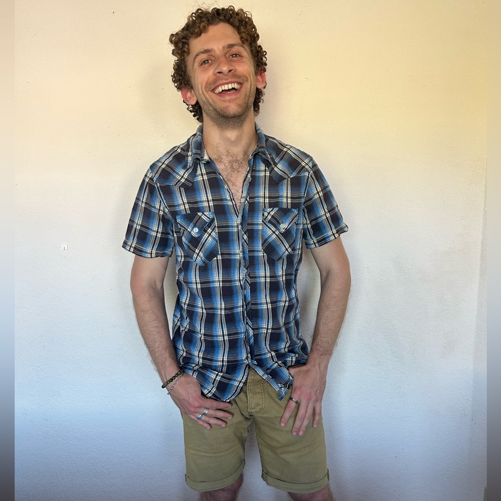 blue plaid button-up